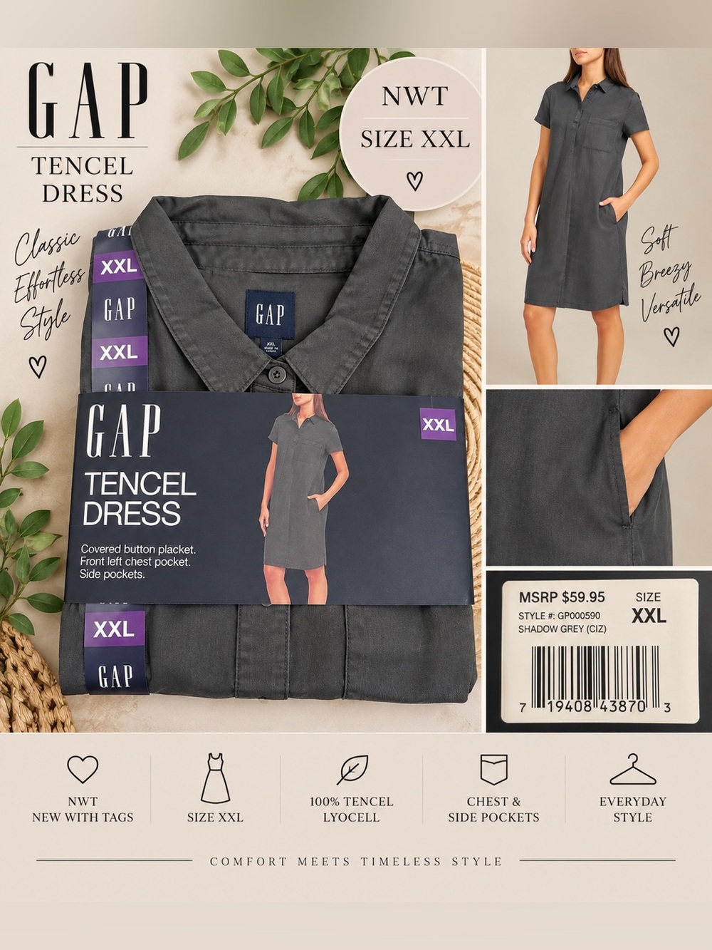 GAP Tencel Shirt Dress XXL – Shadow Grey – NWT